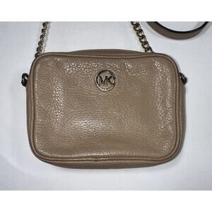 Michael Kors Fulton Small Mini Beige Taupe Leather Zip Chain Strap Crossbody Bag